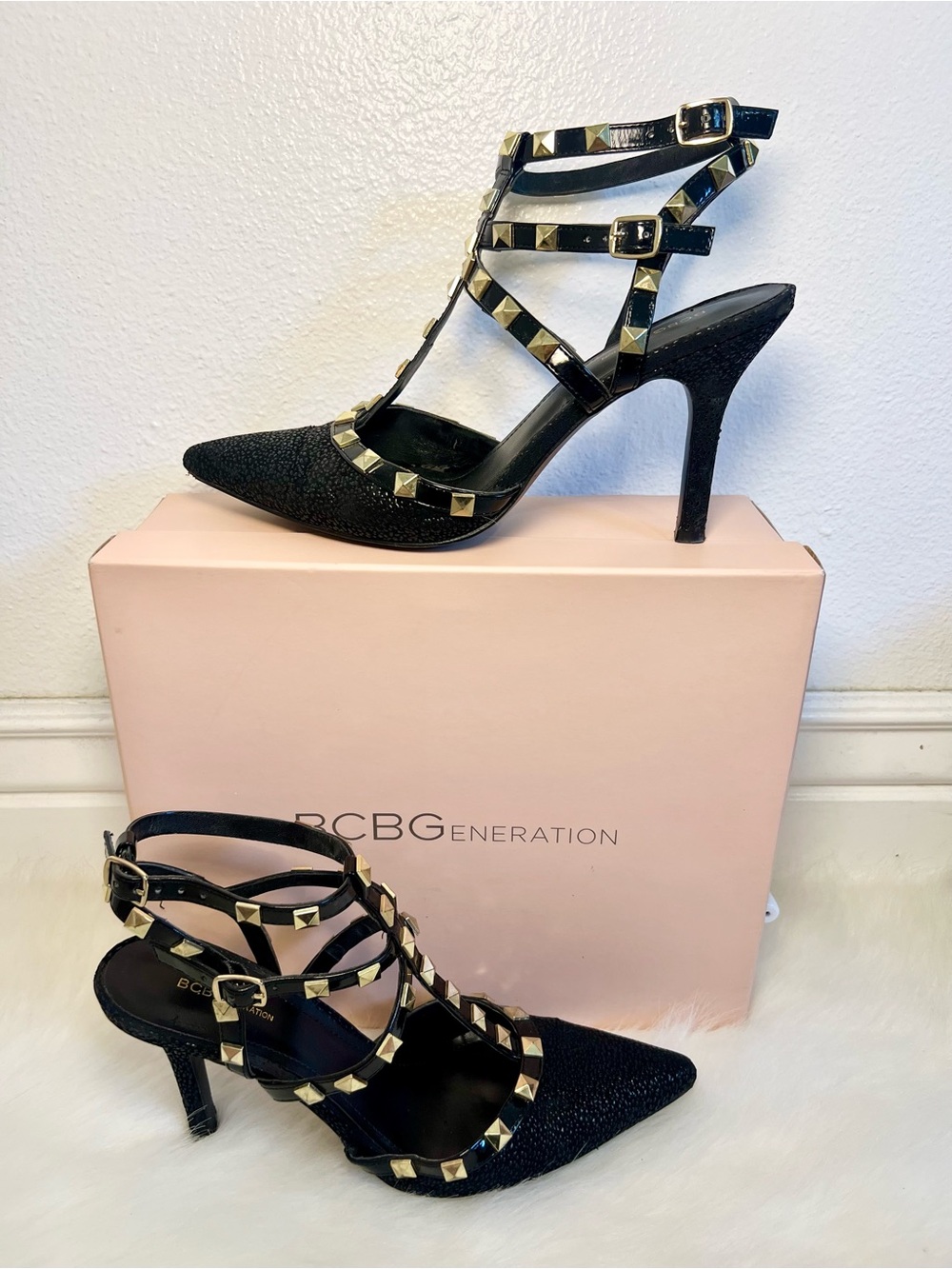 BCBGeneration Darron Black Studded Strappy Pointed Toe Heels